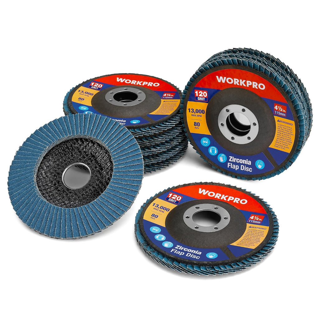 WORKPRO 10-Pack Zirconia Flap Discs, 4-1/2" x 7/8", T29, 120 Grit
