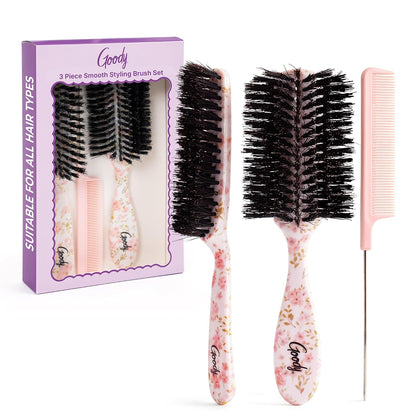 3-Piece Styling Hairbrush Set, Floral Pattern, Boar Bristle Smoothing Brush for Shine, Half-Round 180° Brush for