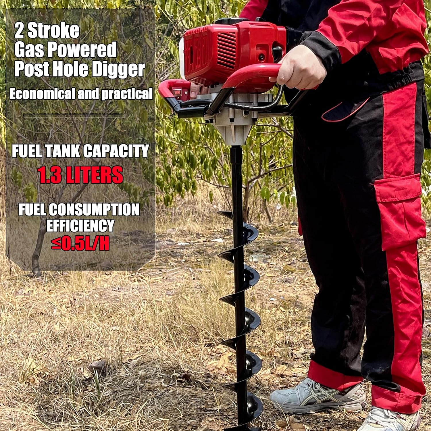 52cc Gas Post Hole Digger 1800W with 3 Bits & 3 Extensions | 52cc 2-Stroke, 1800W/8000RPM, 3 Bits (4/6/8"), 3
