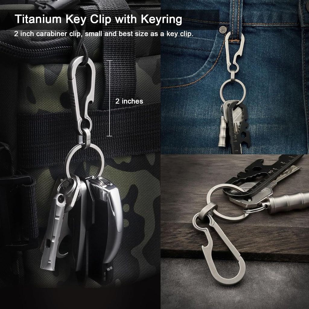 Titanium Key Carabiner Keychain Clip with Titanium Key Ring | Heavy Duty Key Chain Clip, Ultra-Light, Quick Release