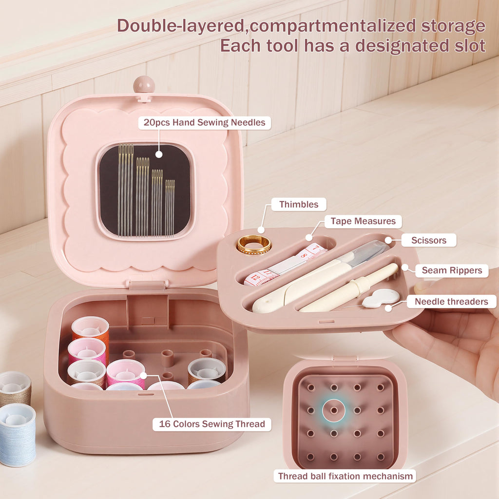 Small Sewing Kit Box: Cute Portable 2-Layer Organizer Magnetic Needle and Thread Kits Holder Basic Case - Home