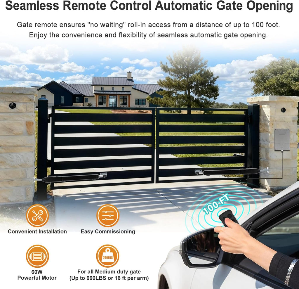 Automatic Dual Gate Opener for Swing Gates up to 660lb*2 16ft, Heavy Duty Electric Opener Kit for Driveway Home