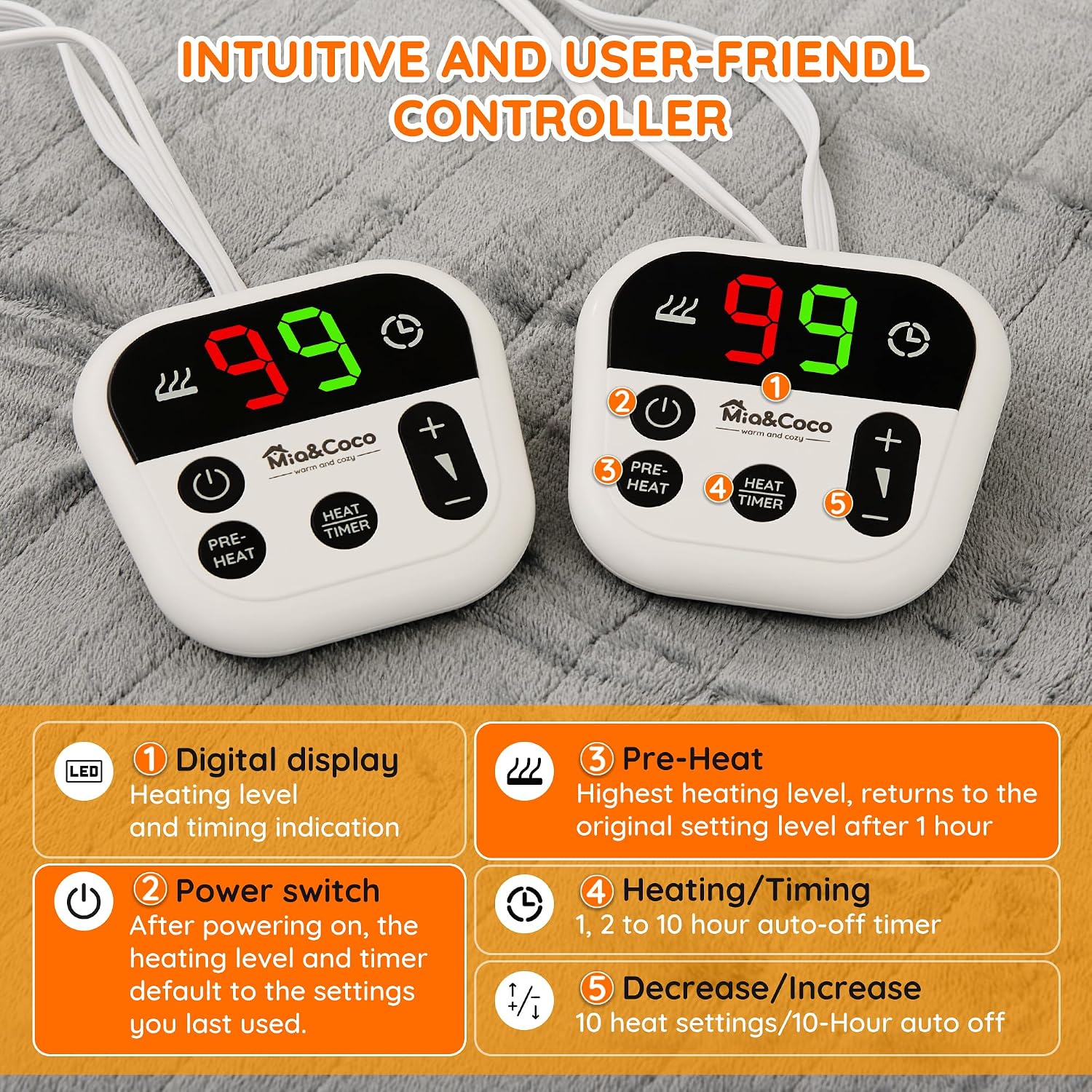 Electric Blanket King -90"x100" Dual Control Flannel Heated Blanket, 10 Heat Levels, 10-Hour Auto-Off, Fast Heating
