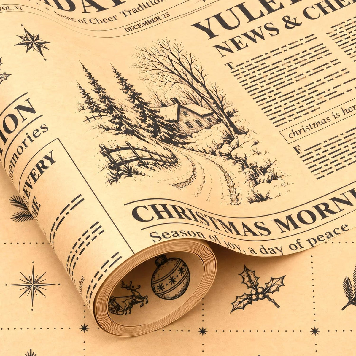Vintage Christmas Wrapping Paper Rolls,Newspaper Brown Gift Wrap
