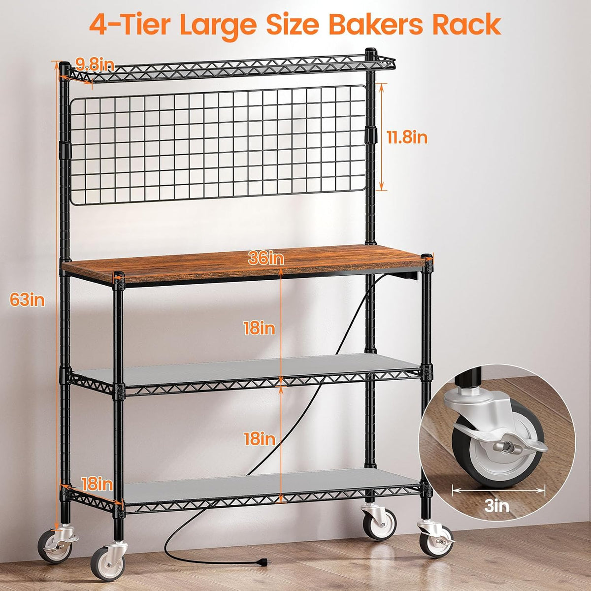 Bakers Rack with Power Outlet & Storage,36In Microwave Stand Kitchen Cart