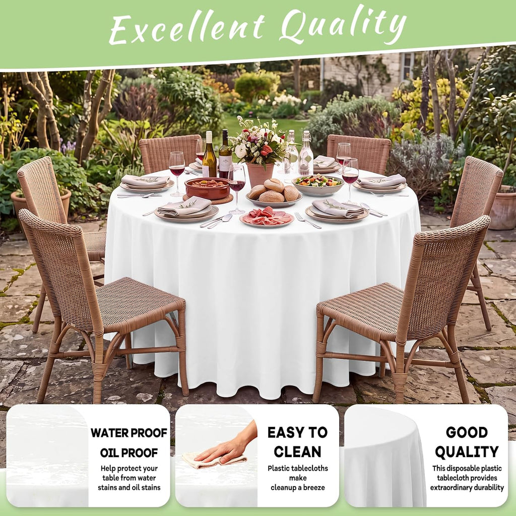 96 Inch Disposable Plastic Tablecloth White, 10 Pack Round Premium Table Covers for Dining, Wedding, Party, Picnic