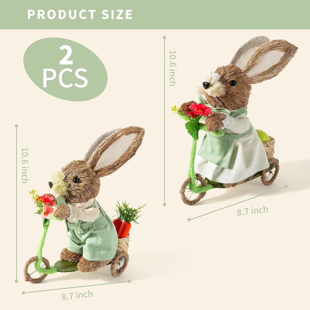 Easter Decor Bunny Bicycle Figurines 10.6 Inch, Easter Bunny Decor with Carrot, Eggs & Flowers, Straw Bunny Couple