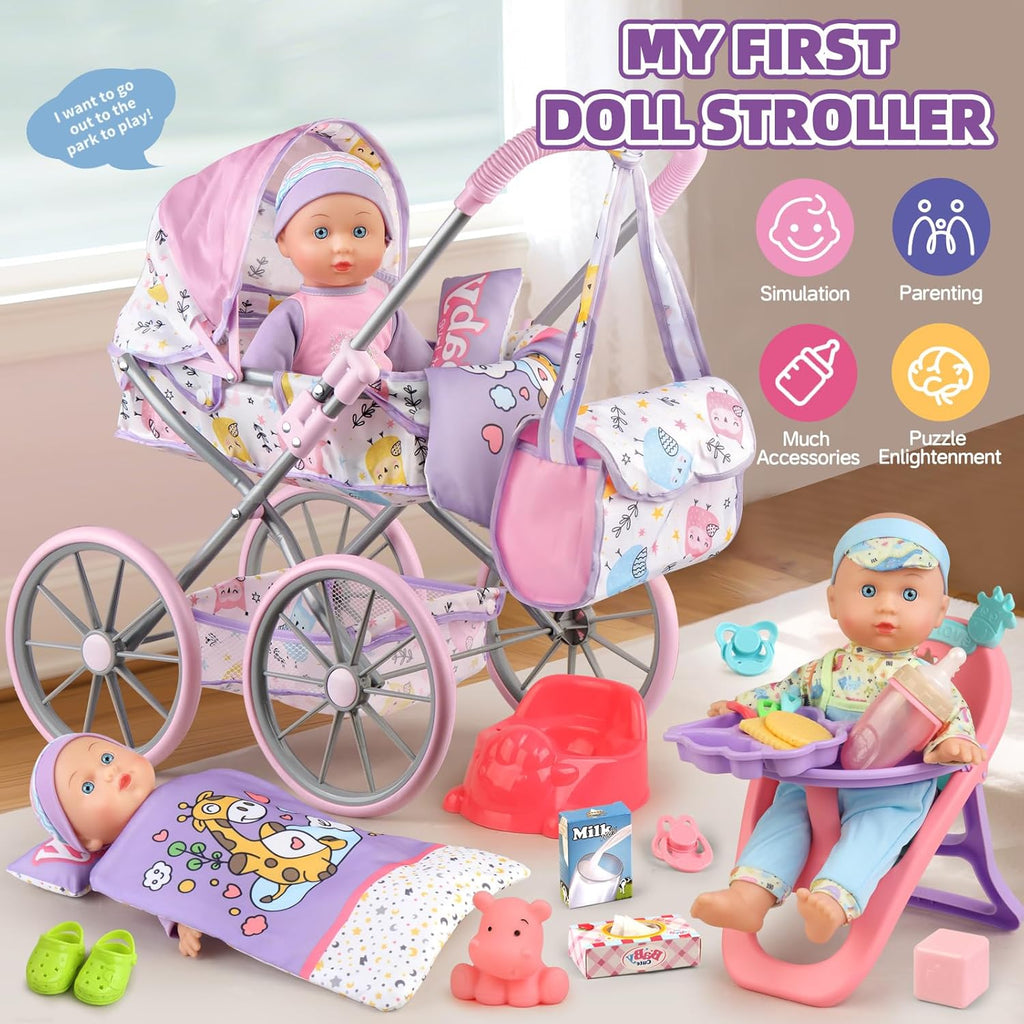 Baby Doll Stroller Playset for Girls Toddlers 3-5 4-6 5-7 Year Old to Play House Games. Stroller Toy with 12.5" Baby
