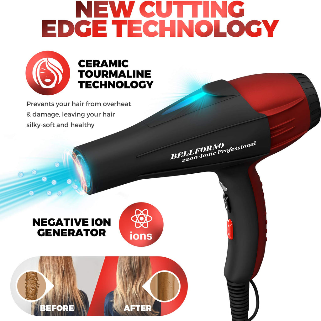 Professional Ionic Curly Hair Dryer with Diffuser, Black/Red