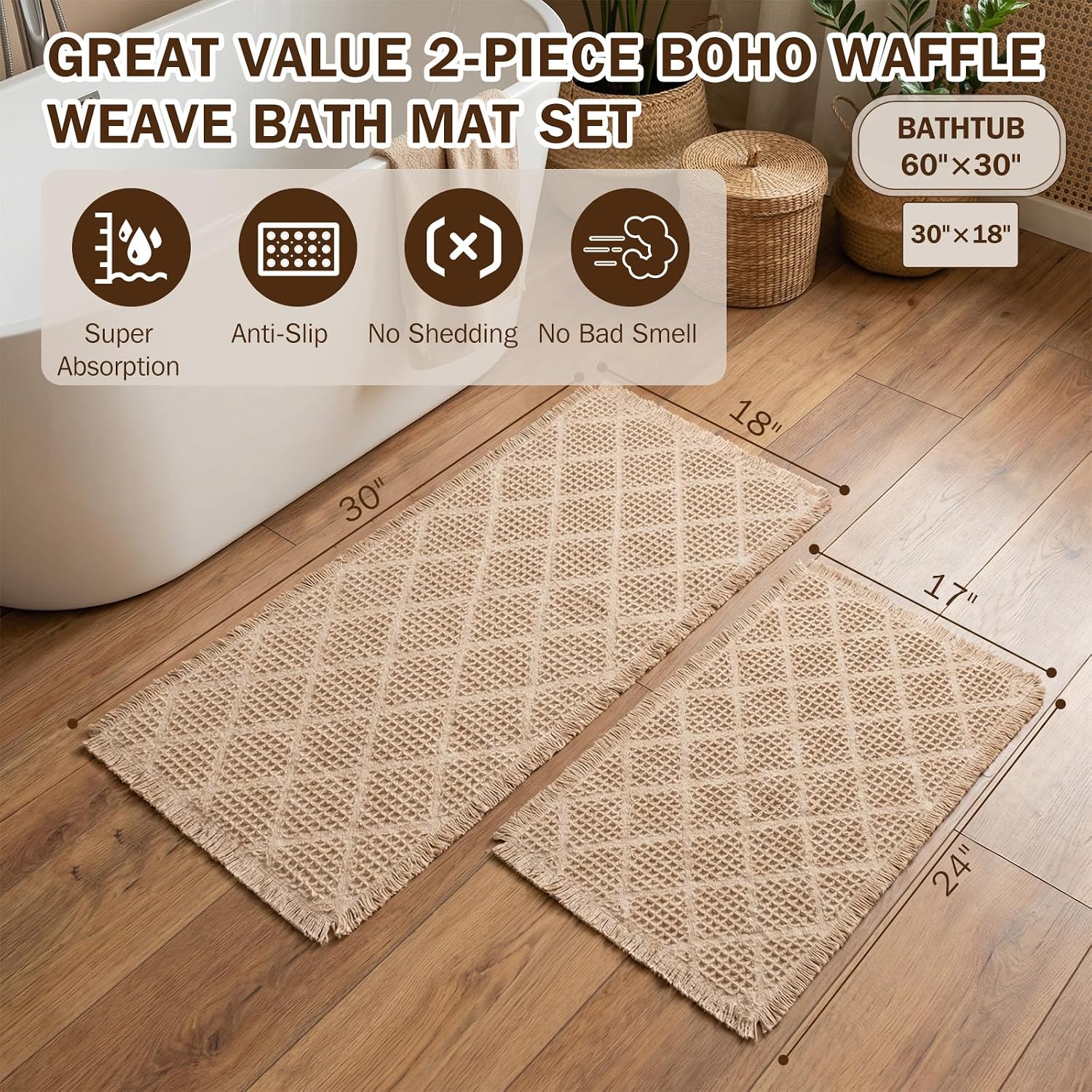 Set of 2 Upgraded Diamond Pattern Waffle Bathroom Rugs, Boho Bath Rugs Rubber Backing Non Slip, Absorbent Machine