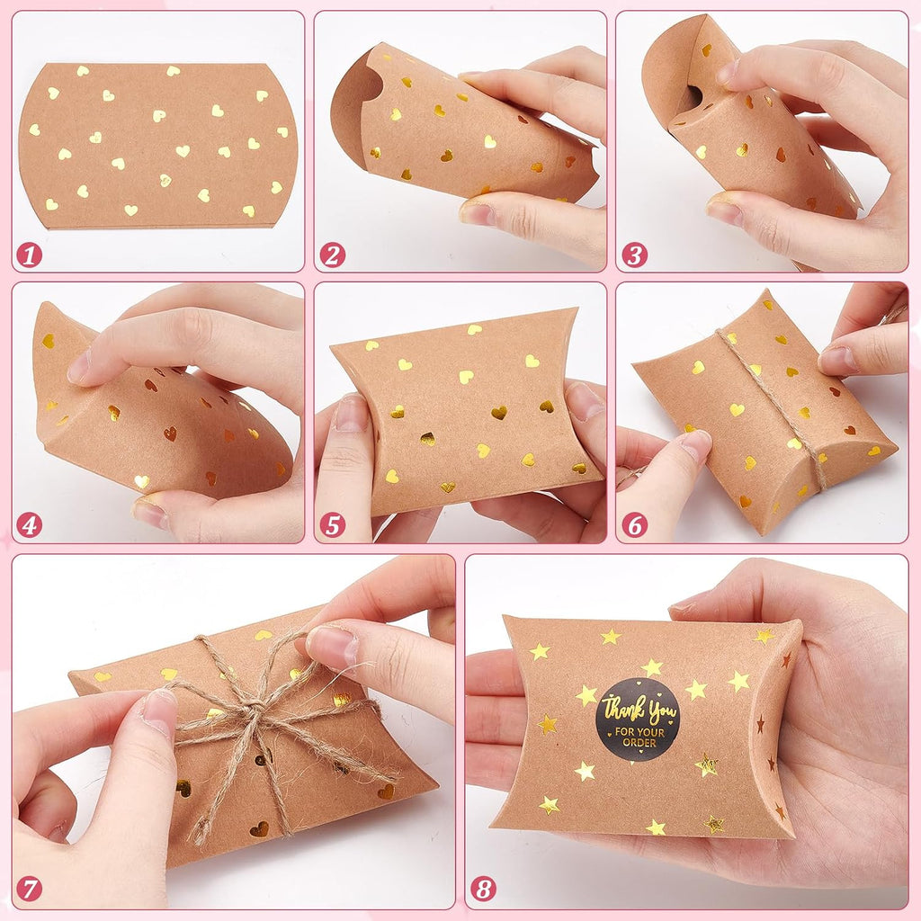 300Pcs Small Gift Pillow Boxes, 3.6x2.5x1Inch Pillow Gift Boxes Foldable Gift Box with Hemp Cord and Paper Stickers