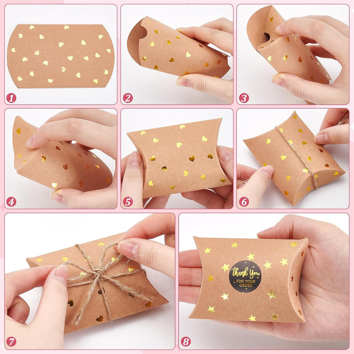 300Pcs Small Gift Pillow Boxes, 3.6x2.5x1Inch Pillow Gift Boxes Foldable Gift Box with Hemp Cord and Paper Stickers