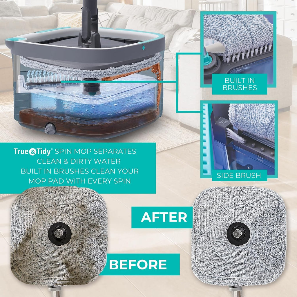 True Clean Spin Mop & Bucket System – Dual Compartment Design for Clean & Dirty Water, 360° Swivel Mop Head, Built-in
