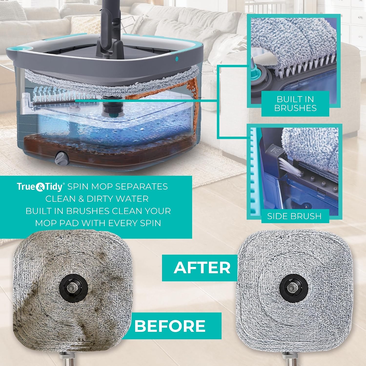 True Clean Spin Mop & Bucket System – Dual Compartment Design for Clean & Dirty Water, 360° Swivel Mop Head, Built-in