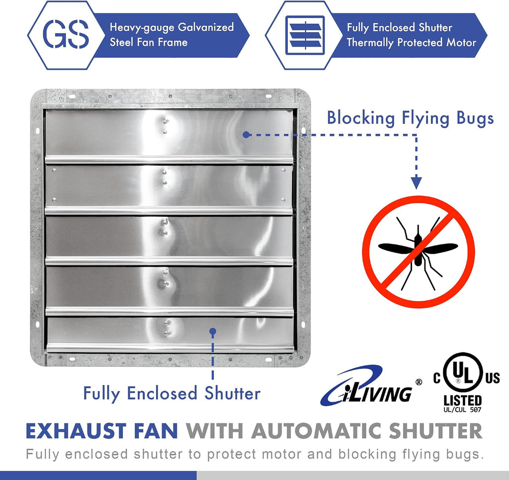 iLIVING 20" Wall Mounted Shutter Exhaust Fan, Automatic Shutter, with Thermostat and Variable Speed controller, 2.2A, 3368 CFM, 5000 SQF Coverage Area Silver (ILG8SF20V-ST)