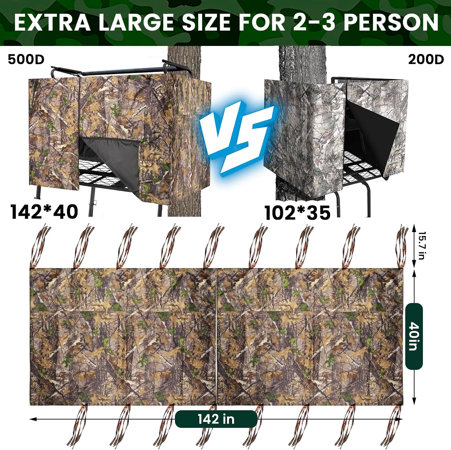 Hunting Tree Stand Blind Cover - 110"x40" Big 2-3 Person Treestand Camo Blind Cover, Universal Camouflage Ground