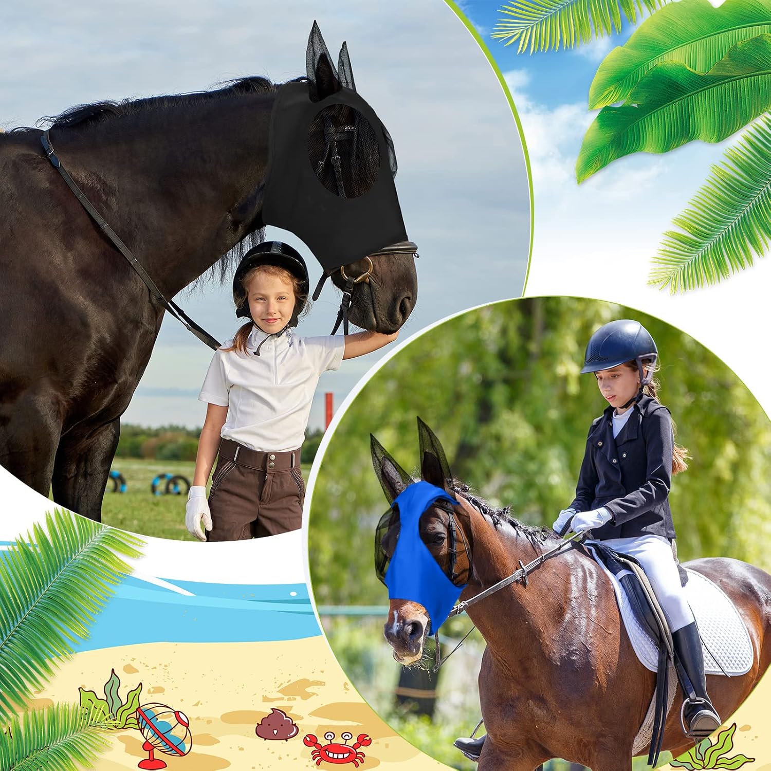 6 Pcs Horse Fly Masks with Ears Comfort Breathable Mesh Fly Masks Net UV Protection Large Eye Space Full Face