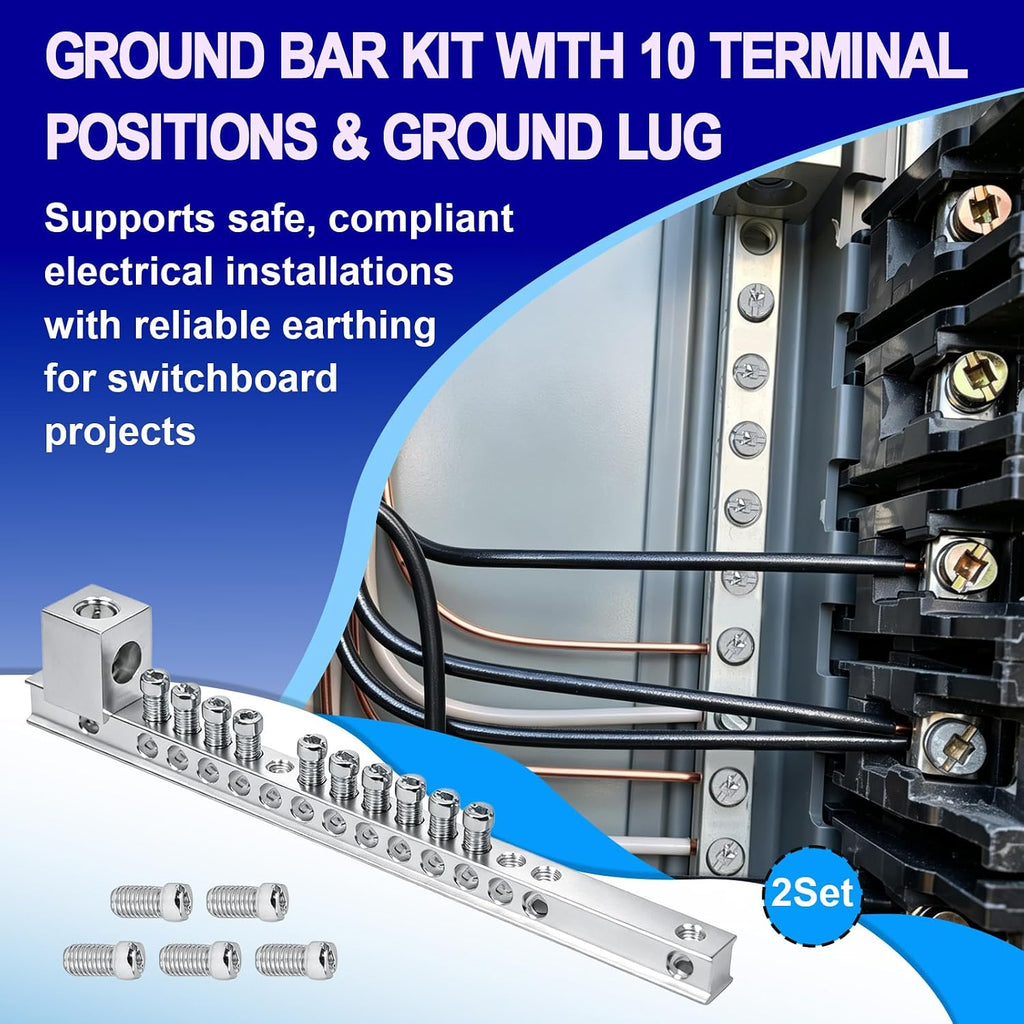 2SET Ground Bar Kit Fitted with 10 Terminal Block Positions/Earthing Bolts