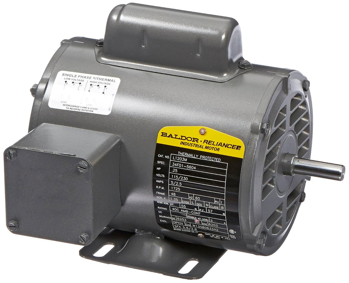 Baldor L1203M General Purpose AC Motor, Single Phase, 48 Frame, Open Enclosure, 1/4Hp Output, 1725rpm, 60Hz, 115/230V Voltage