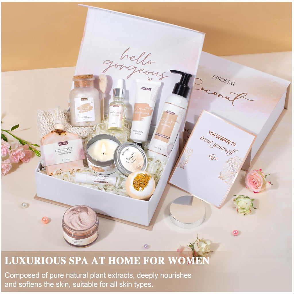 Gifts for Women Bath and Body Gift Basket Set for Women, 12 Piece Set of Coconut Home Spa Set for Self Care, Mothers