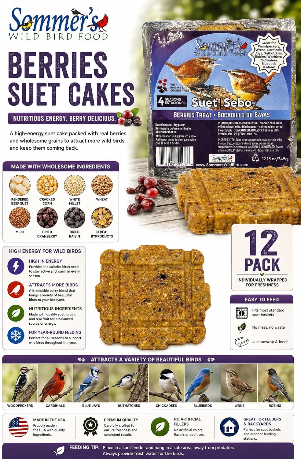 Berries Wild Bird Suet Cakes, 12 Pack, 12.15 oz Each | No-Melt Formula, High Energy Suet