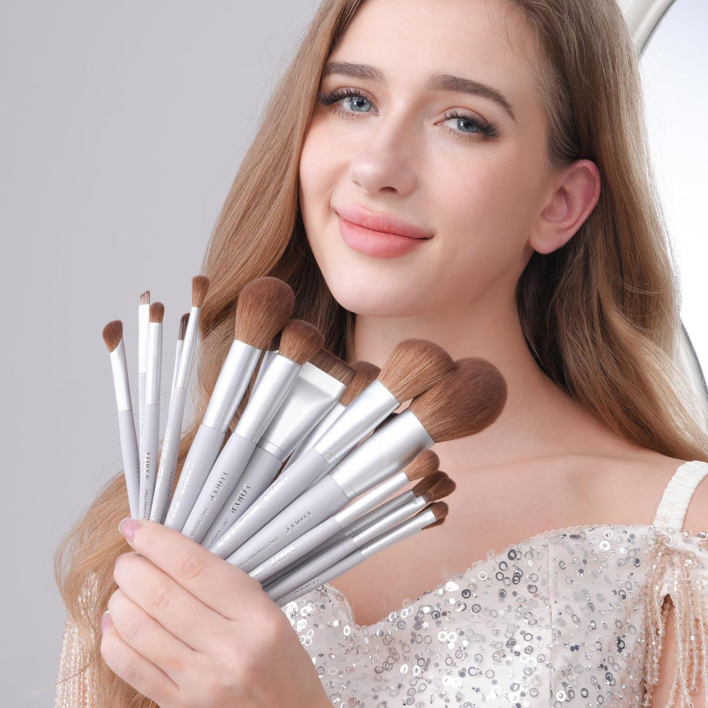 Professional Makeup Brush Set with Storage Pouch Vegan 20 Pcs Gray