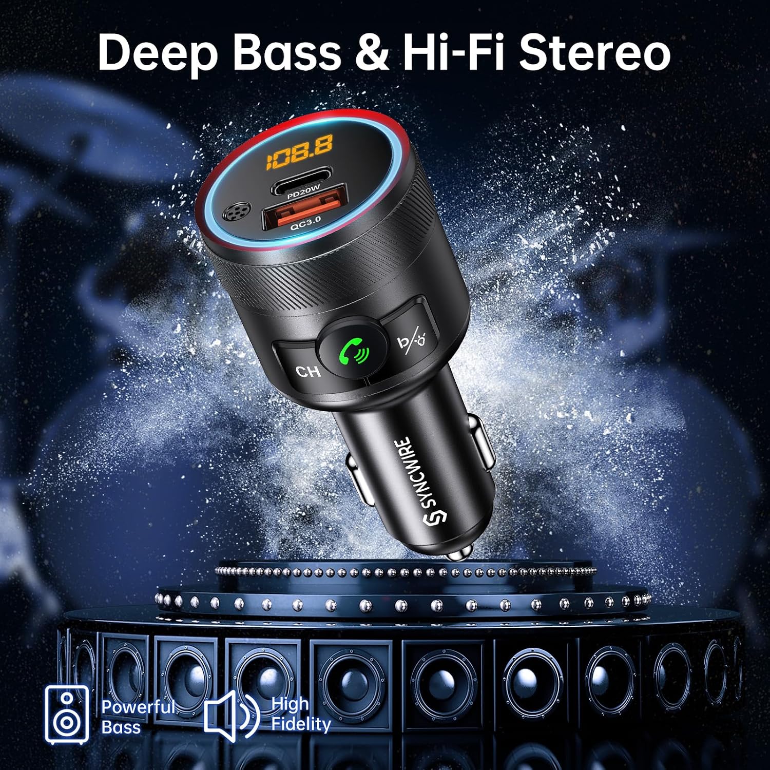 Bluetooth 5.4 FM Transmitter for Car, 38W PD&QC3.0 Dual USB Charging Bluetooth Car Adapter Microphone & Bass Sound