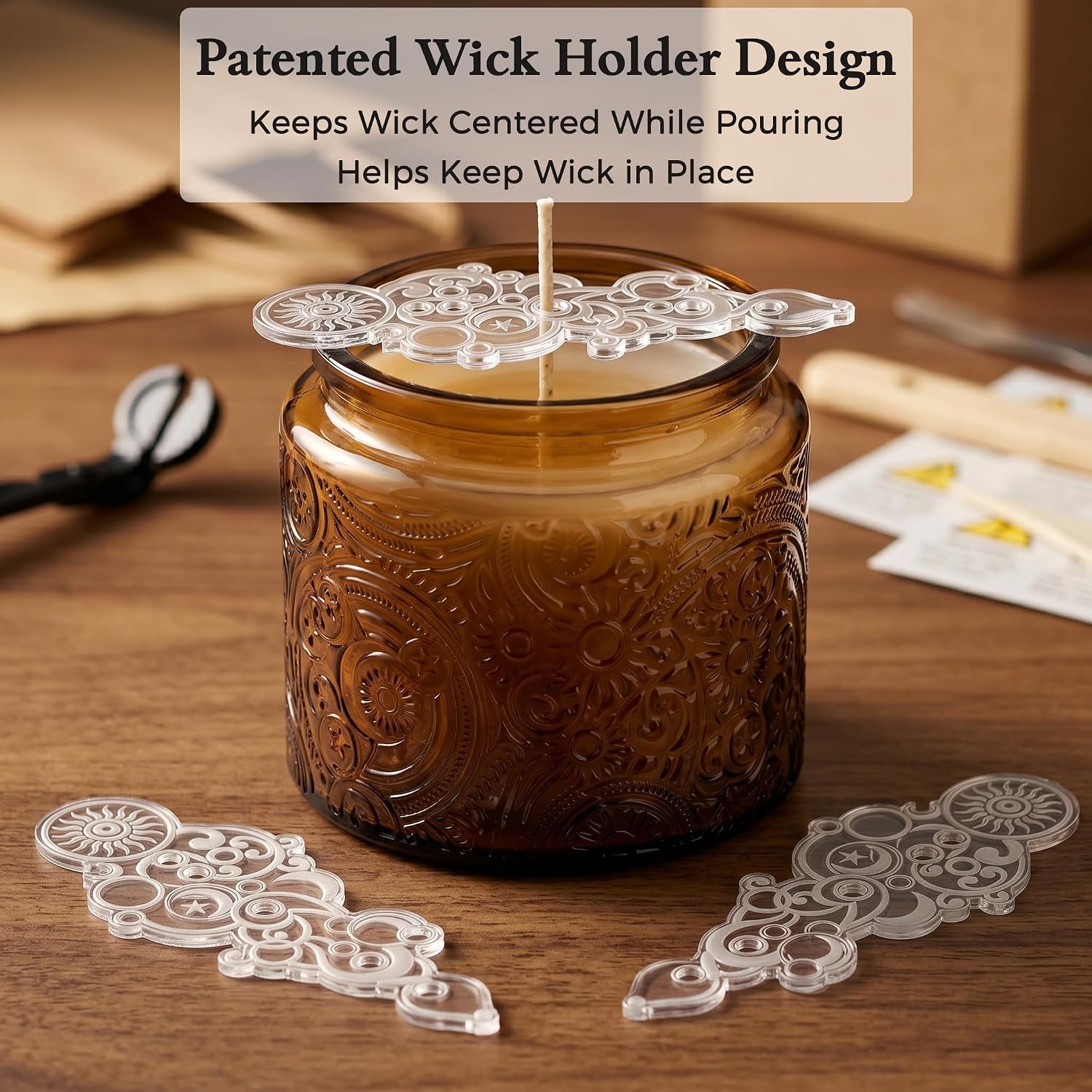 10 oz Mocha Sun Moon Stars Candle Jars with Metal Lids, 9 Pack | Patented Embossed Design, Includes Wick Centering