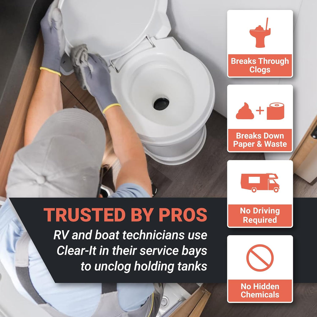 Clear-It Liquid RV Black Tank Unclogger, 32 oz | Breaks through pyramid plugs, compacted waste, & clogged pipes; RV