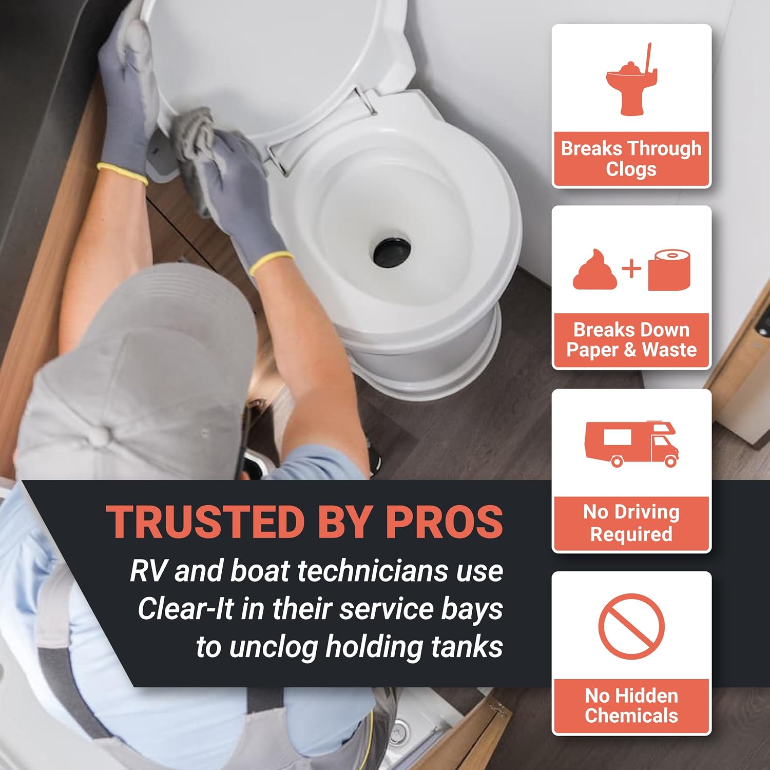 Clear-It Liquid RV Black Tank Unclogger, 32 oz | Breaks through pyramid plugs, compacted waste, & clogged pipes; RV
