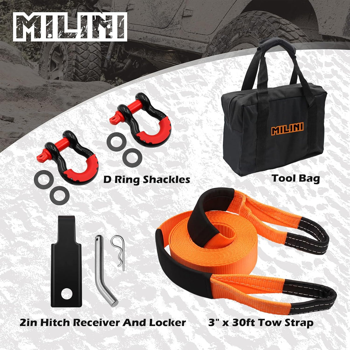 Offroad Recovery Strap Kit, 3" x 30ft Tow Strap+ Shackle Hitch Receiver 2 inch 42000 Lbs+D Ring Shackles+Bag, 4x4