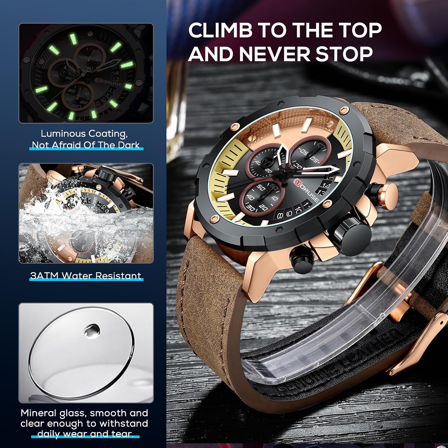 Mens Watches Luxury Chronograph Classic Waterproof Watch Large Face Analog Luminous Fashion Leather Analog Quartz