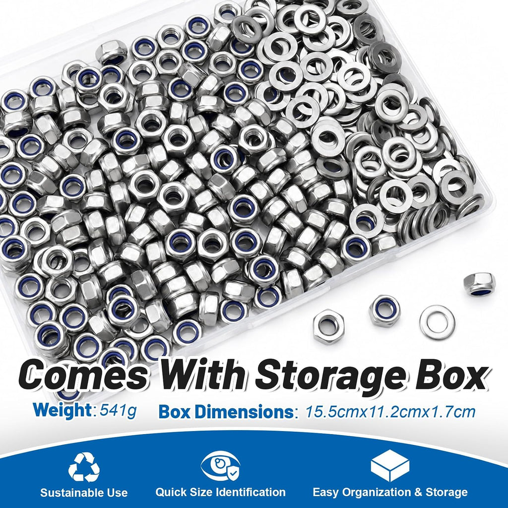 M6-1.0 Lock Nut 350Pcs Stainless Steel Nylock Locking Nuts with Washer