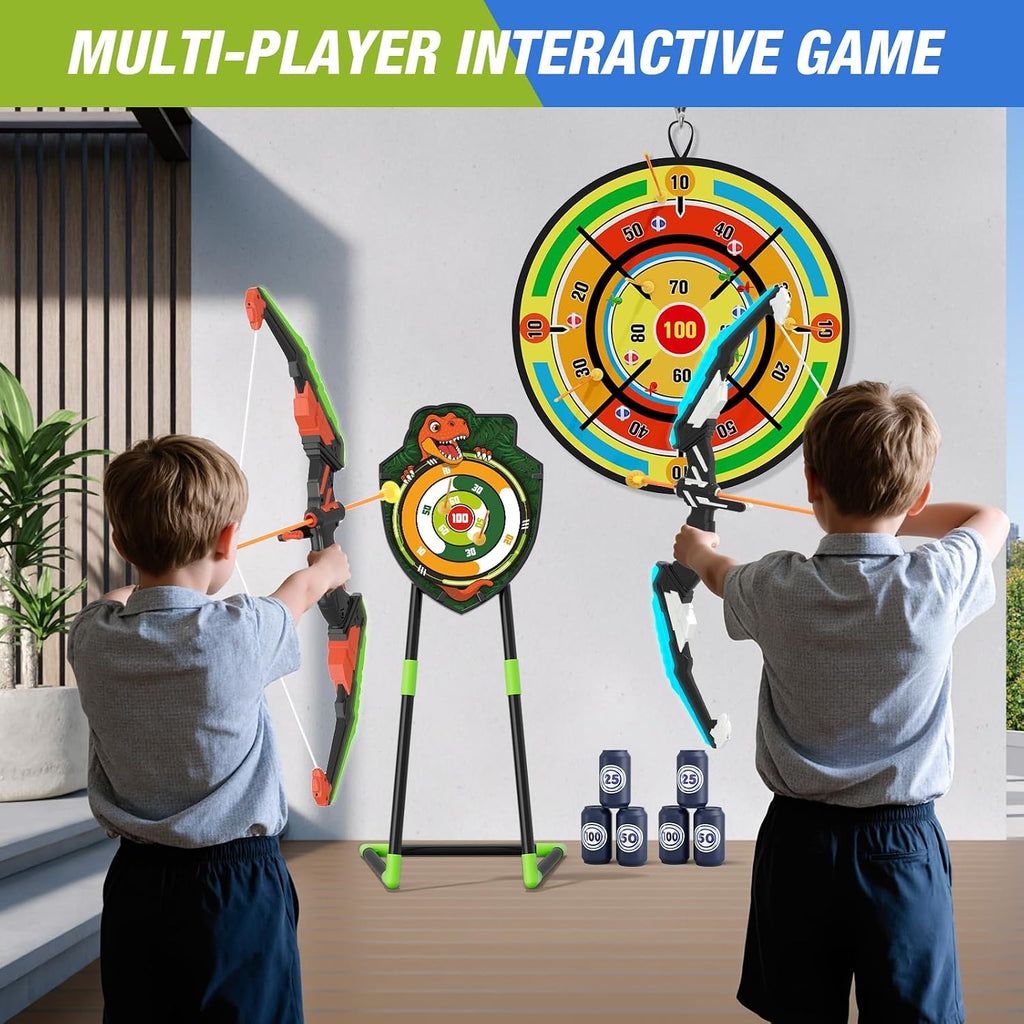 2 Pack Kids Bow and Arrow with 29" Large Dart Board & Dinosaur Target | Light Up Archery Set with 24 Suction Cup