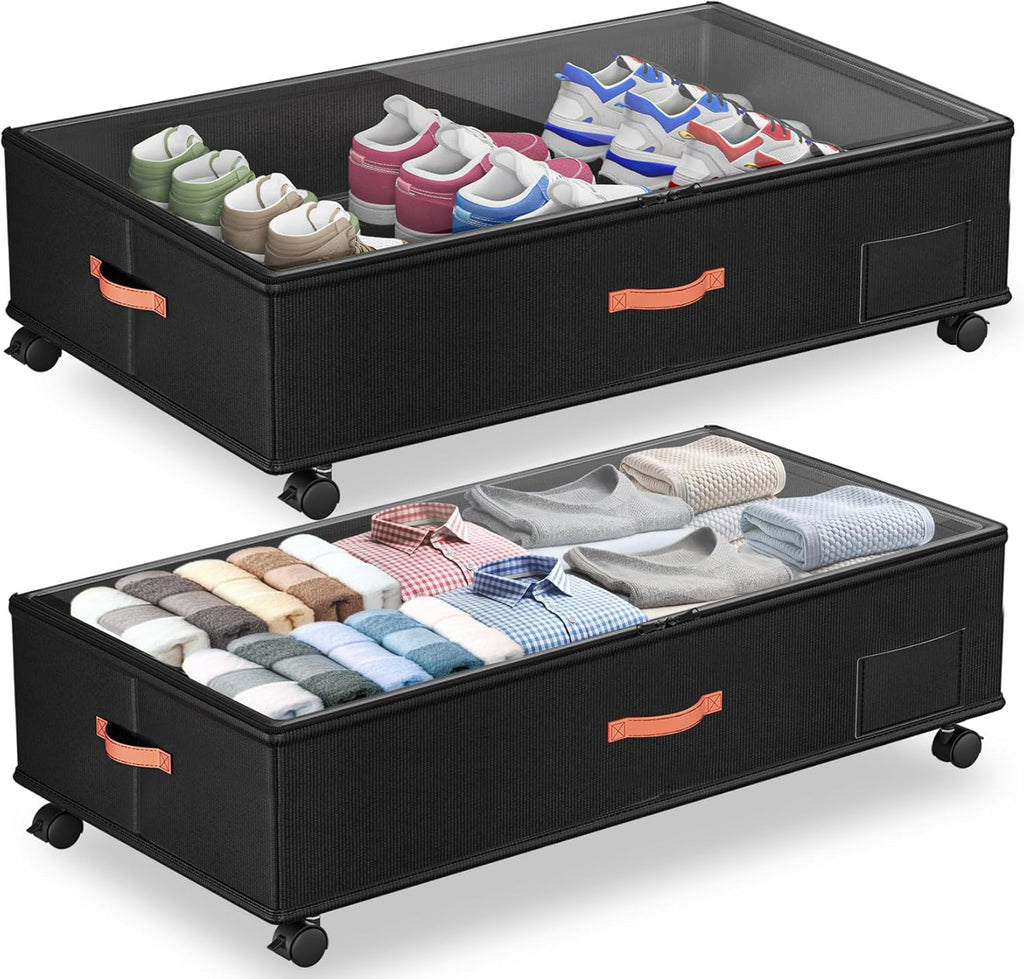 Under Bed Storage with Wheels,2-Pack Under Bed Storage Containers with Clear Lids,XXL Large Under the Bed Storage