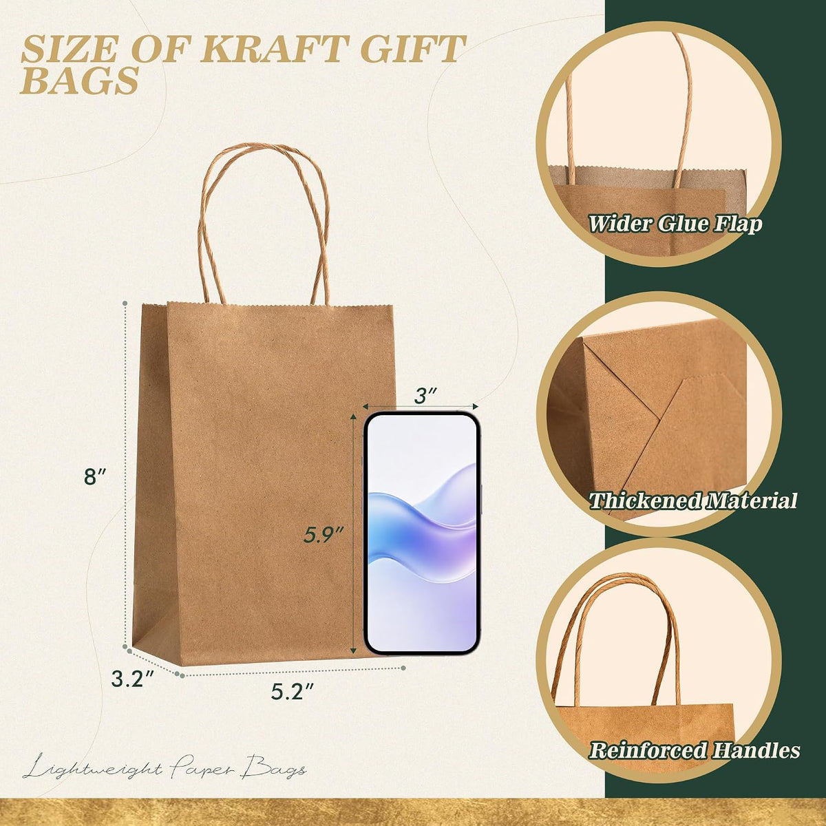 100Pcs Small Brown Gift Kraft Paper Bags with Handles, 5.2x3.2x8 In