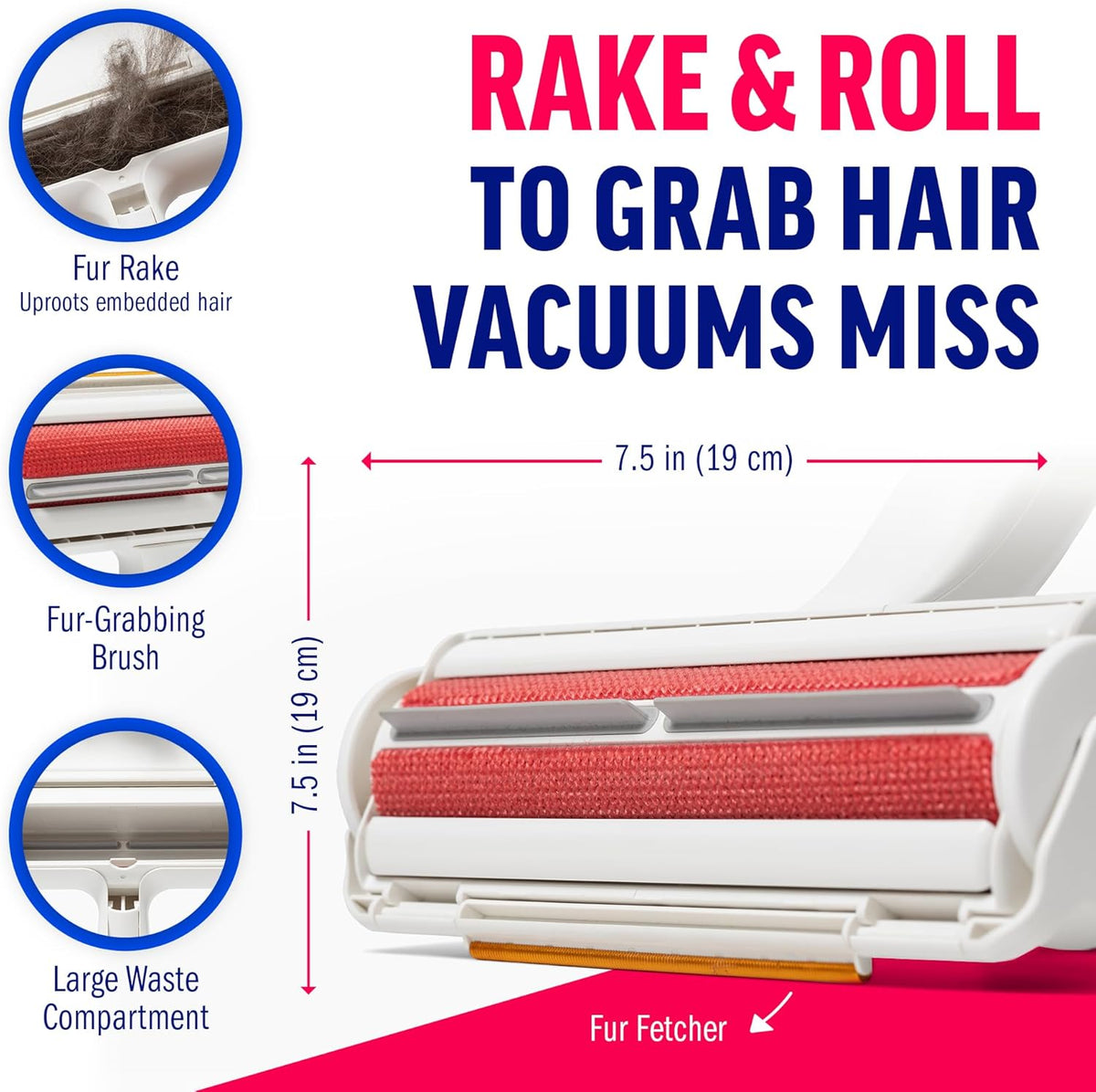 & Rake – Reusable Pet Hair Removal Roller with Rake Attachment for Cat & Dog Fur on Furniture, Couch, Carpet, Car