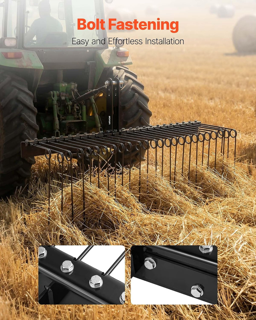 60 in Tow Behind Landscape Rake, 3 Point Hitch Lawn Dethatcher Rake, 26 Spring Steel Tines, for Category 1 Tractors