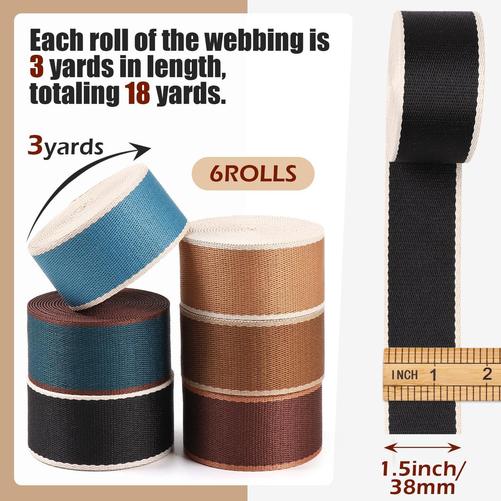 Webbing 1.5 Inch-6 Rolls Polyester-Cotton Striped Webbing 1 1/2 inch Strapping for Purse Backpack Straps-1.5 "Nylon