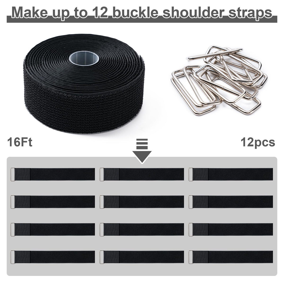 2" x16Ft Hook and Loop Straps with 12 Metal Buckles，Black