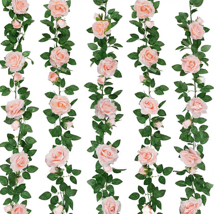 5Pcs 34FT Flower Garland Pink Artificial Rose Vine Wedding Home Decor