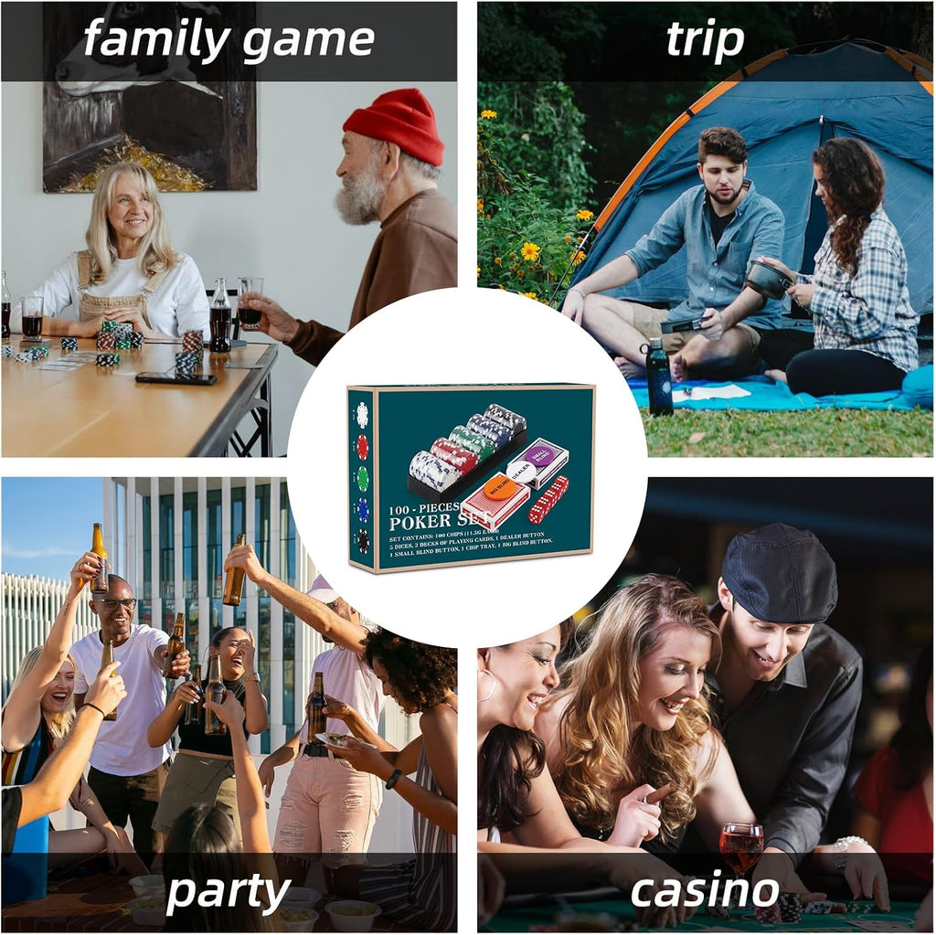 Poker Chip Travel Set, 100PCS 5 Color Professional Poker Chips in Cardboard Gift Box, 11.5 Gram Clay Composite Casino