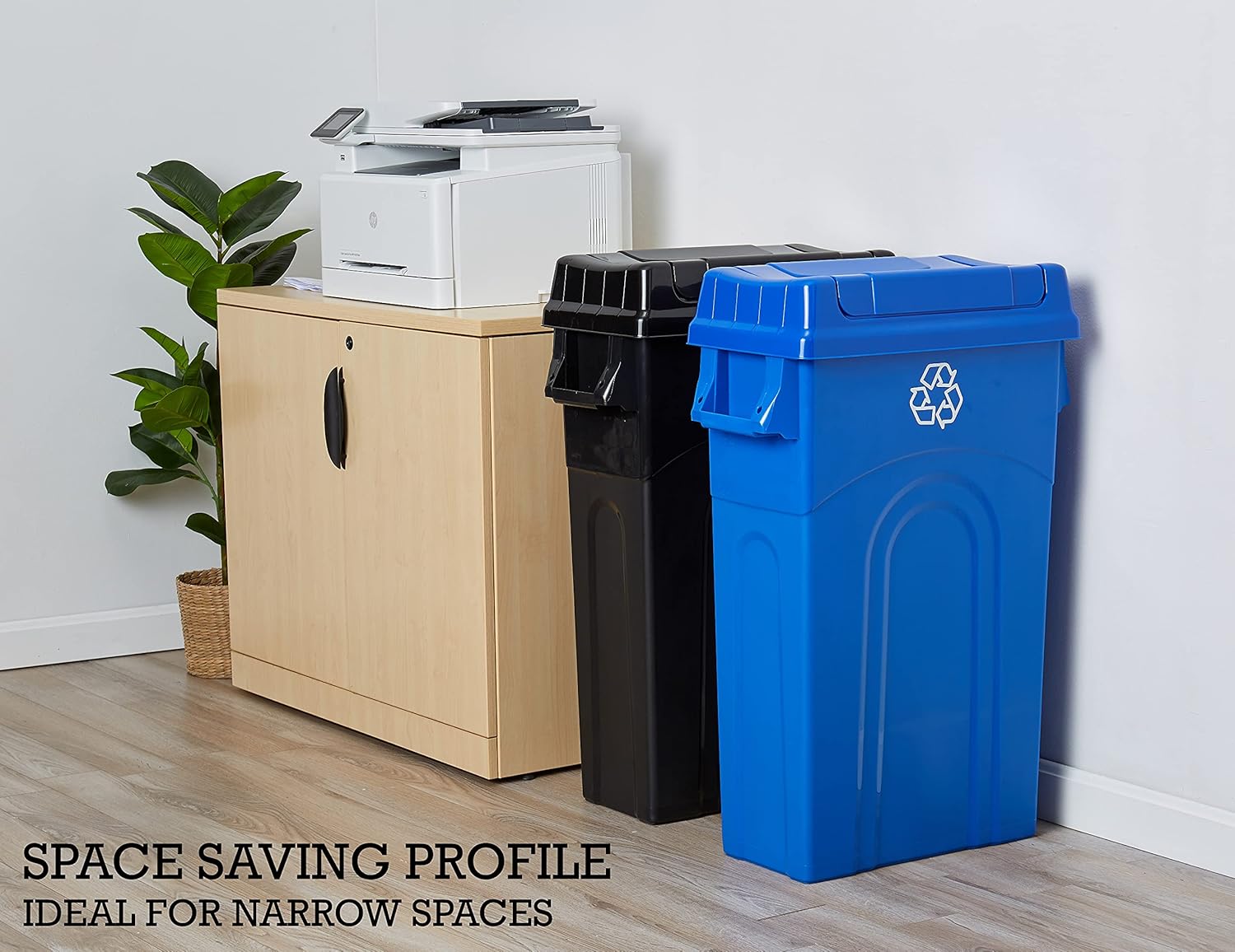 23 Gallon Highboy Plastic Recycling Bin Kitchen Trash Can with Lid, Pass Through Handles, and Dustpan Edge, Blue