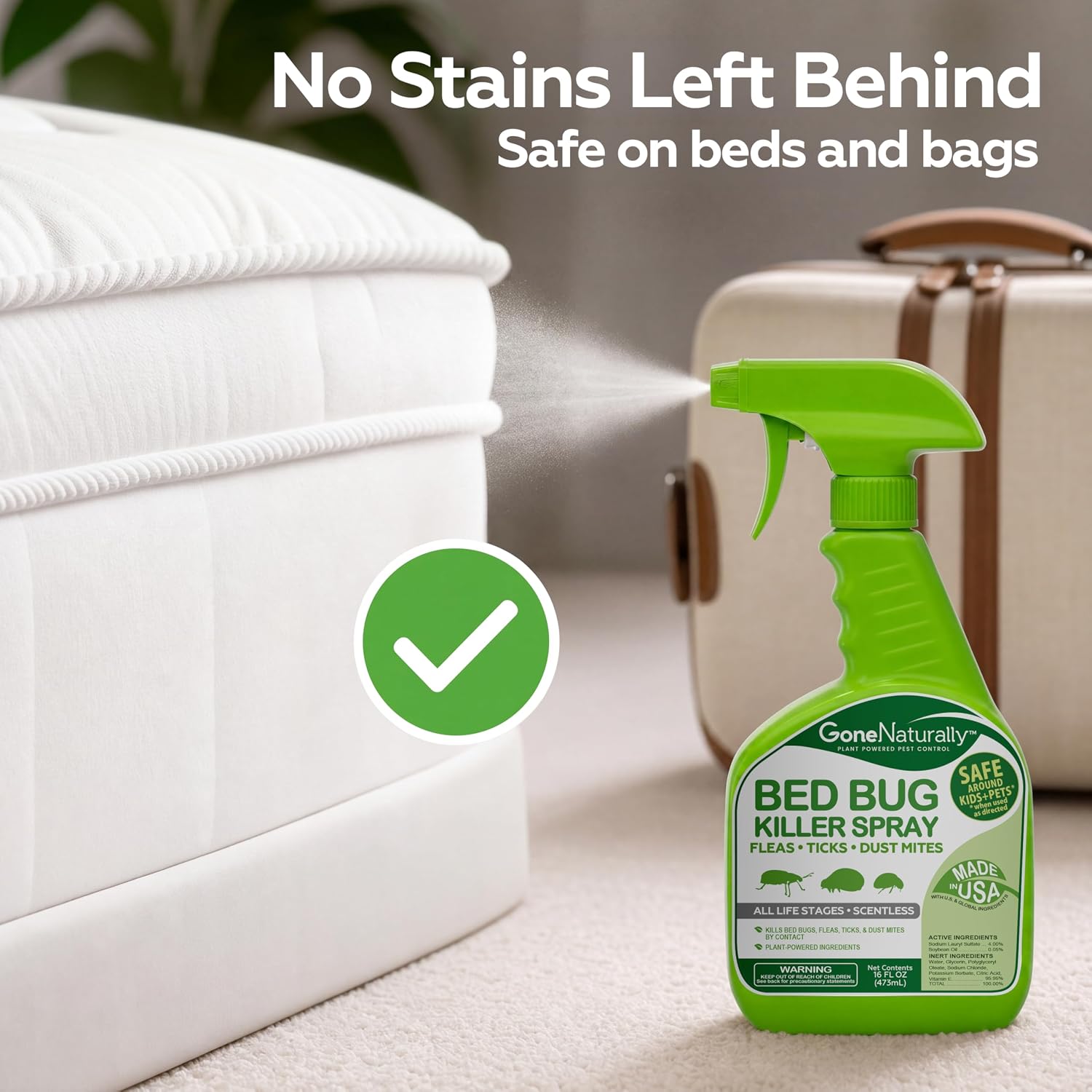 Bed Bug Spray for Mattresses, Headboards & Travel Bags – Scentless, Non-Staining Killer for Bed Bugs, Eggs, Nymphs, &