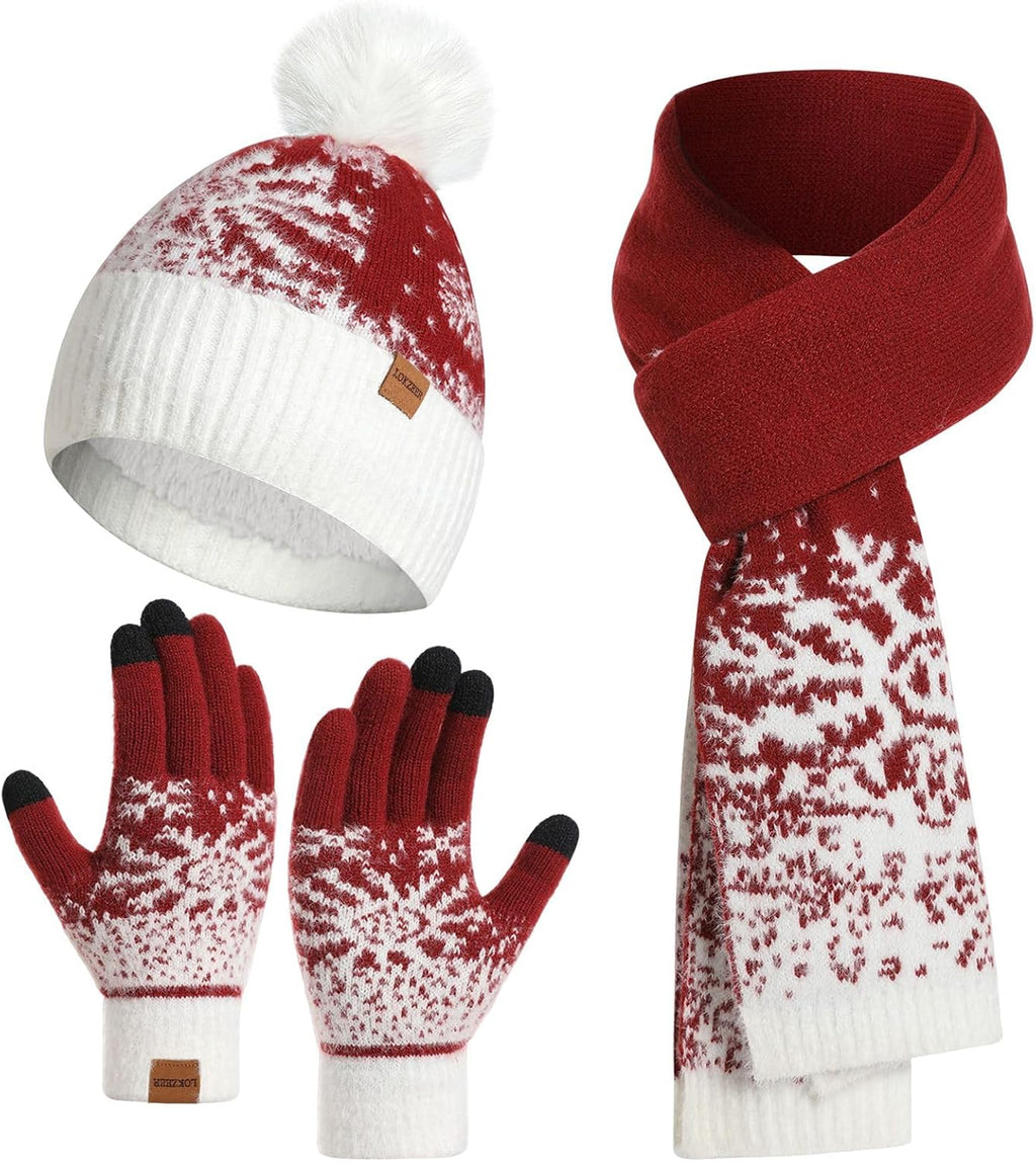 Kids Winter Hat Gloves Scarf Set: Girls Boys Beanie With Pom Knit Neck Warmer Gaiter Mittens Fleece Lined Sets (One