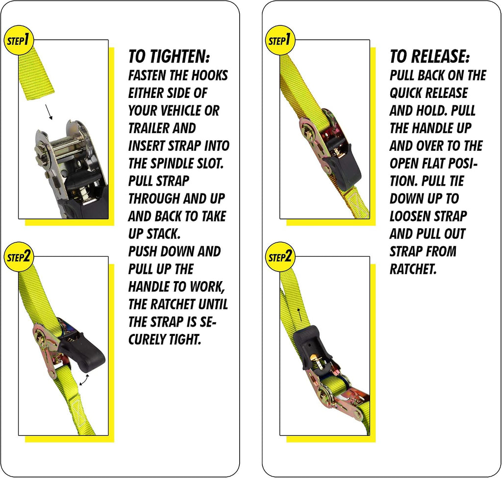 Ratchet Tie Down Straps, 1 in x 15 ft, 1500 lb, 4-Pack, Yellow | Coated S-Hooks, Polyester Webbing, Spring-Loaded