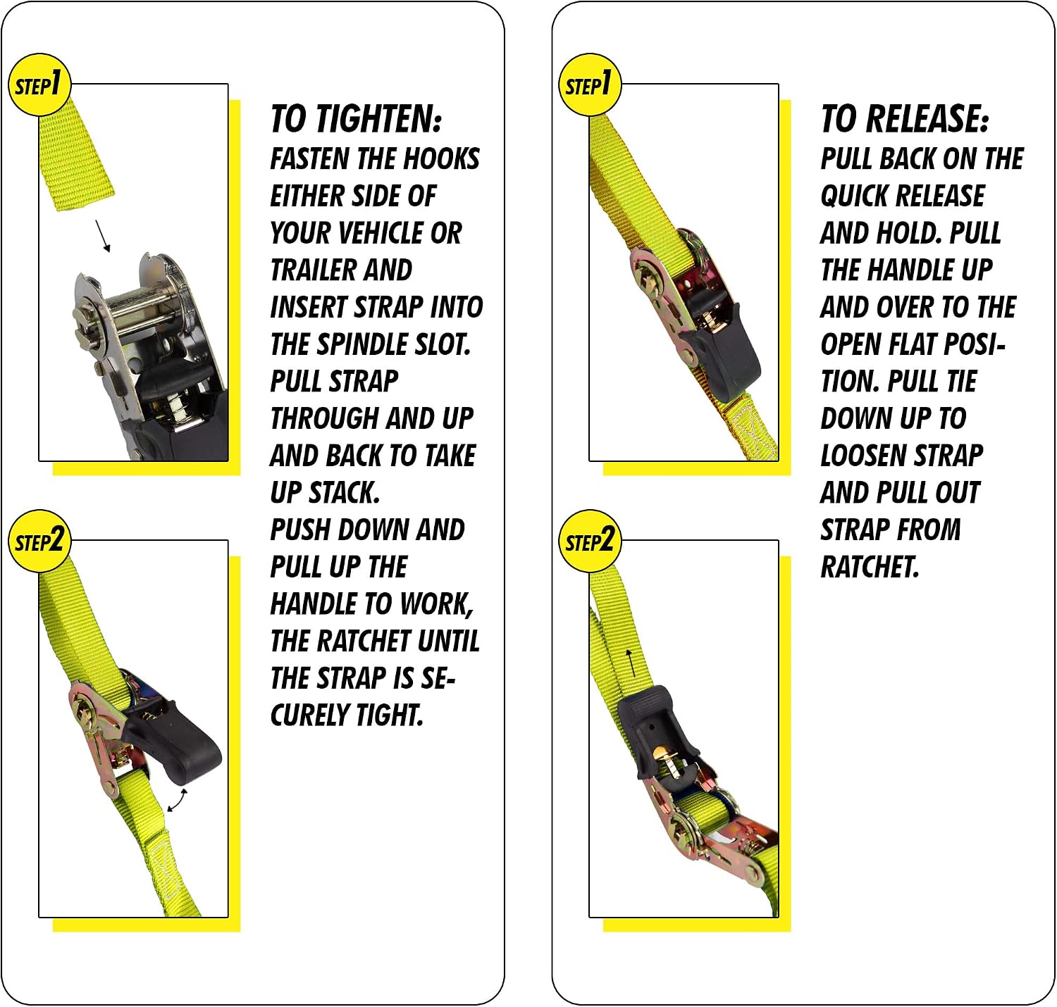 Ratchet Tie Down Straps, 1 in x 15 ft, 1500 lb, 4-Pack, Yellow | Coated S-Hooks, Polyester Webbing, Spring-Loaded