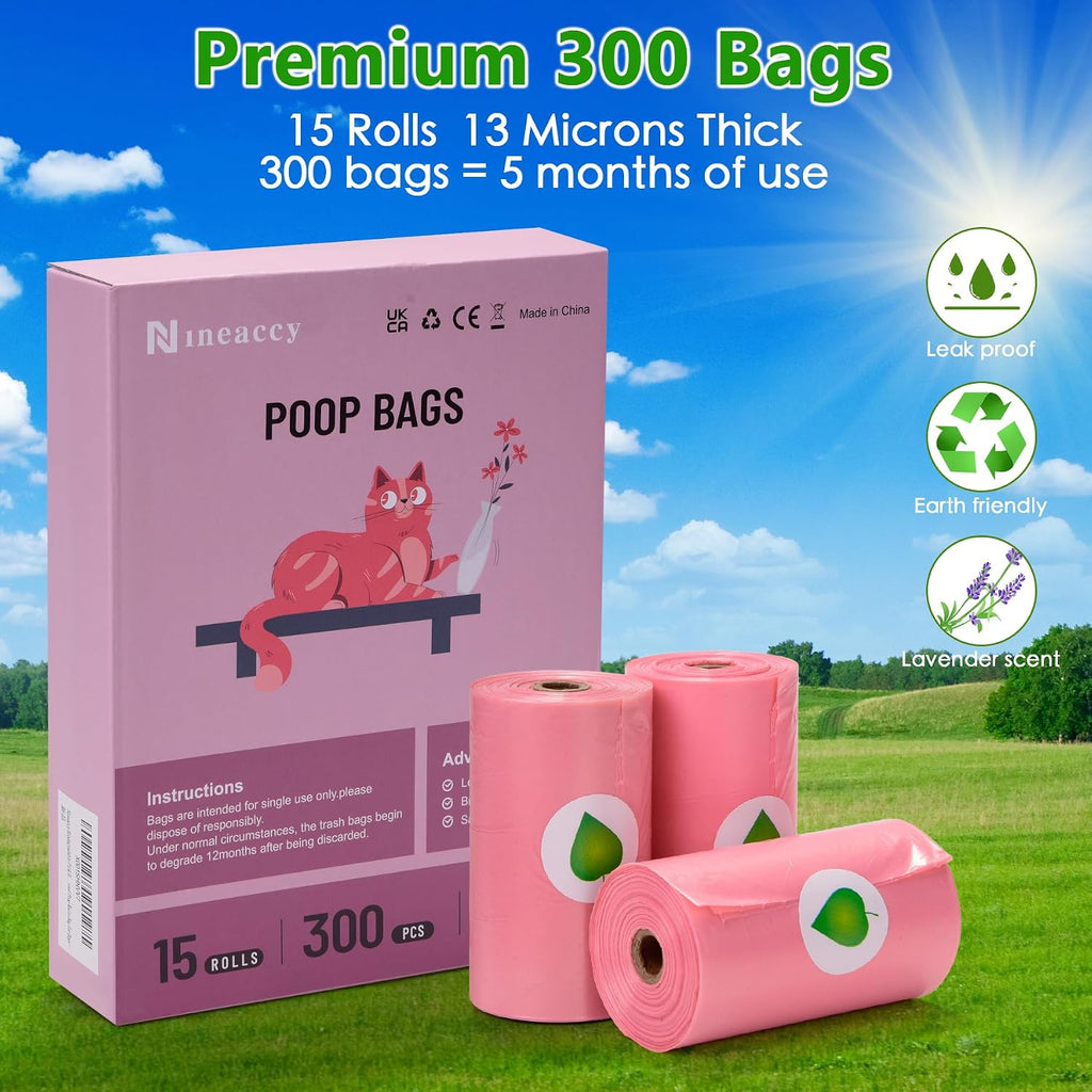 Pink Dog Poo Bags Lavender scent with Dispenser - 300 Large Poop Bags, Extra Thicken Strong Corn Starch Blended Leak