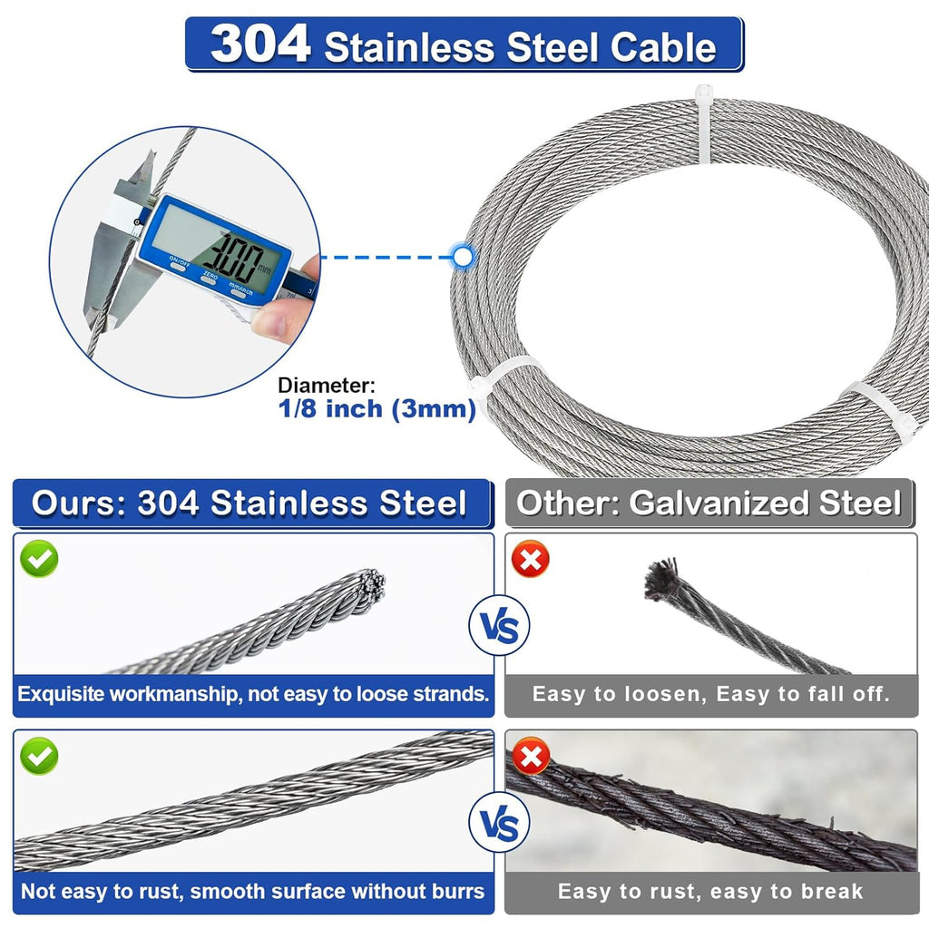 50ft 1/8" Stainless Steel Cable Wire Rope with Turnbuckle Tensioner Kit, M6 Turnbuckle for Cables Wire, Anti Sag Gate