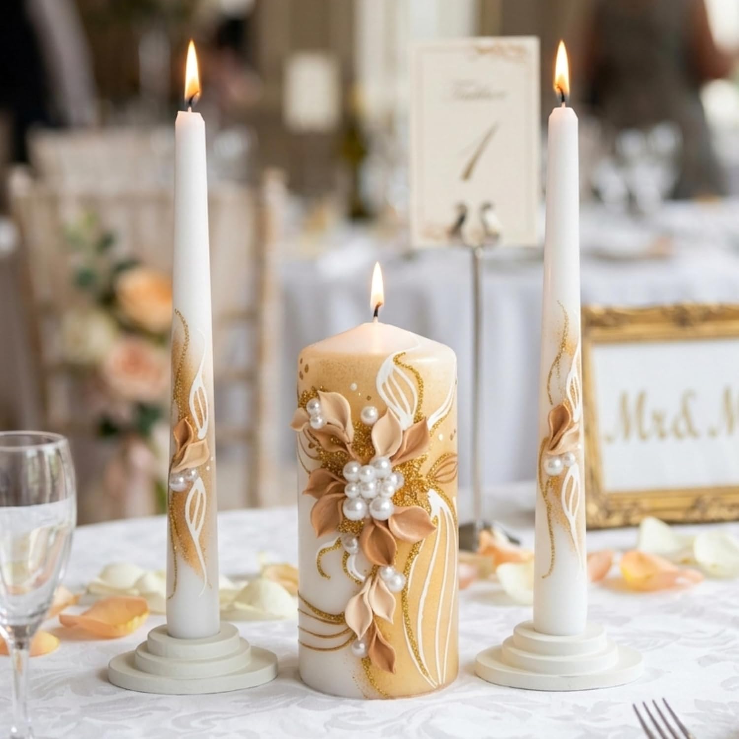Golden Blossom Unity Candle Set for Wedding Ceremony & Reception, White & Gold Wedding Unity Candles with Floral
